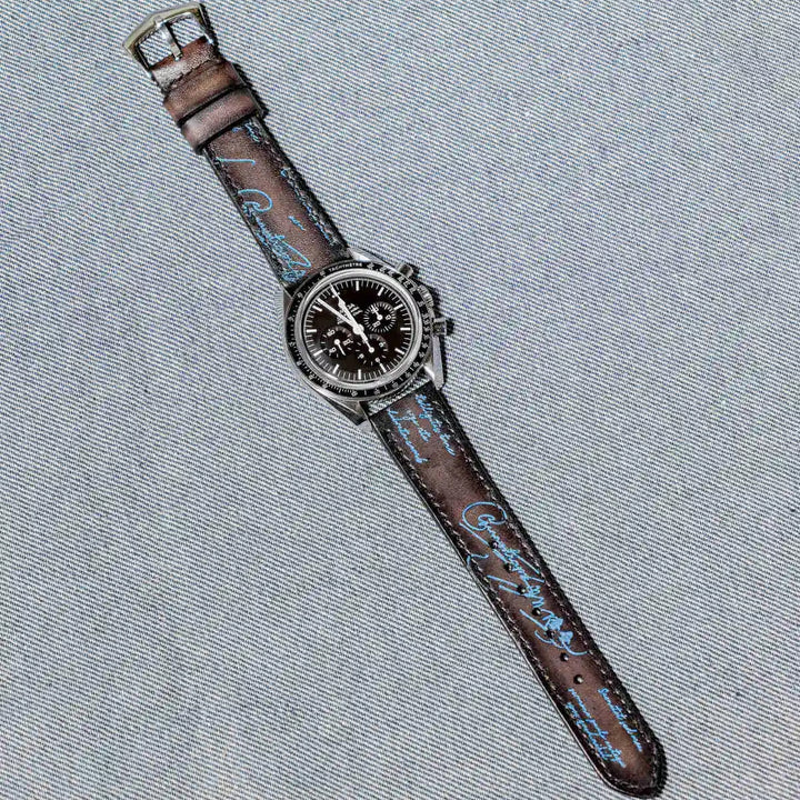 Omega Straps - Black Patina With Blue Scritto