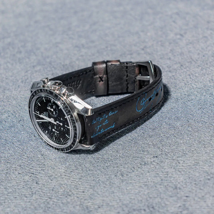 Omega Straps - Black Patina With Blue Scritto
