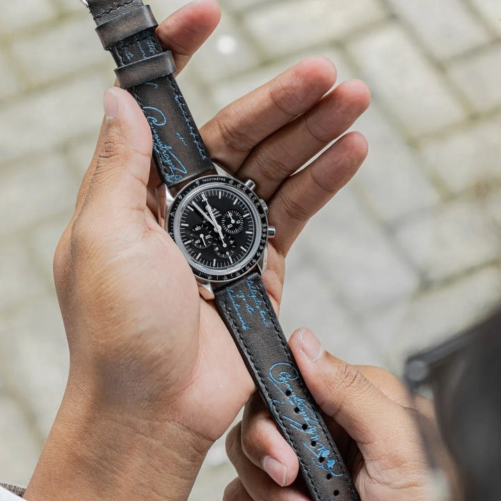 Omega Straps - Black Patina With Blue Scritto