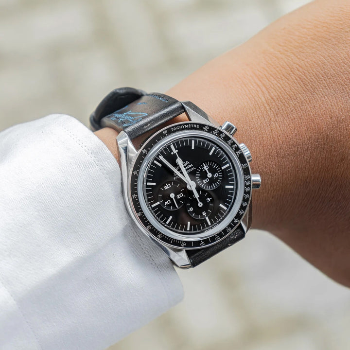 Omega Straps - Black Patina With Blue Scritto