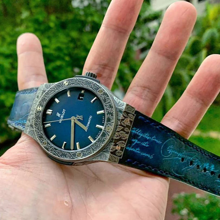 Hublot Straps -  Blue Patina with Cyan Scritto