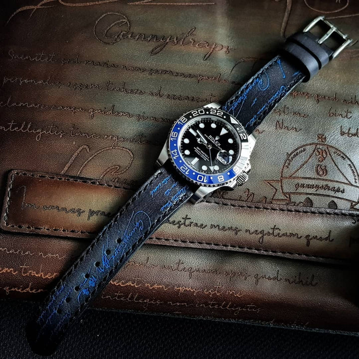 Rolex Straps - Black Patina with Blue Scritto