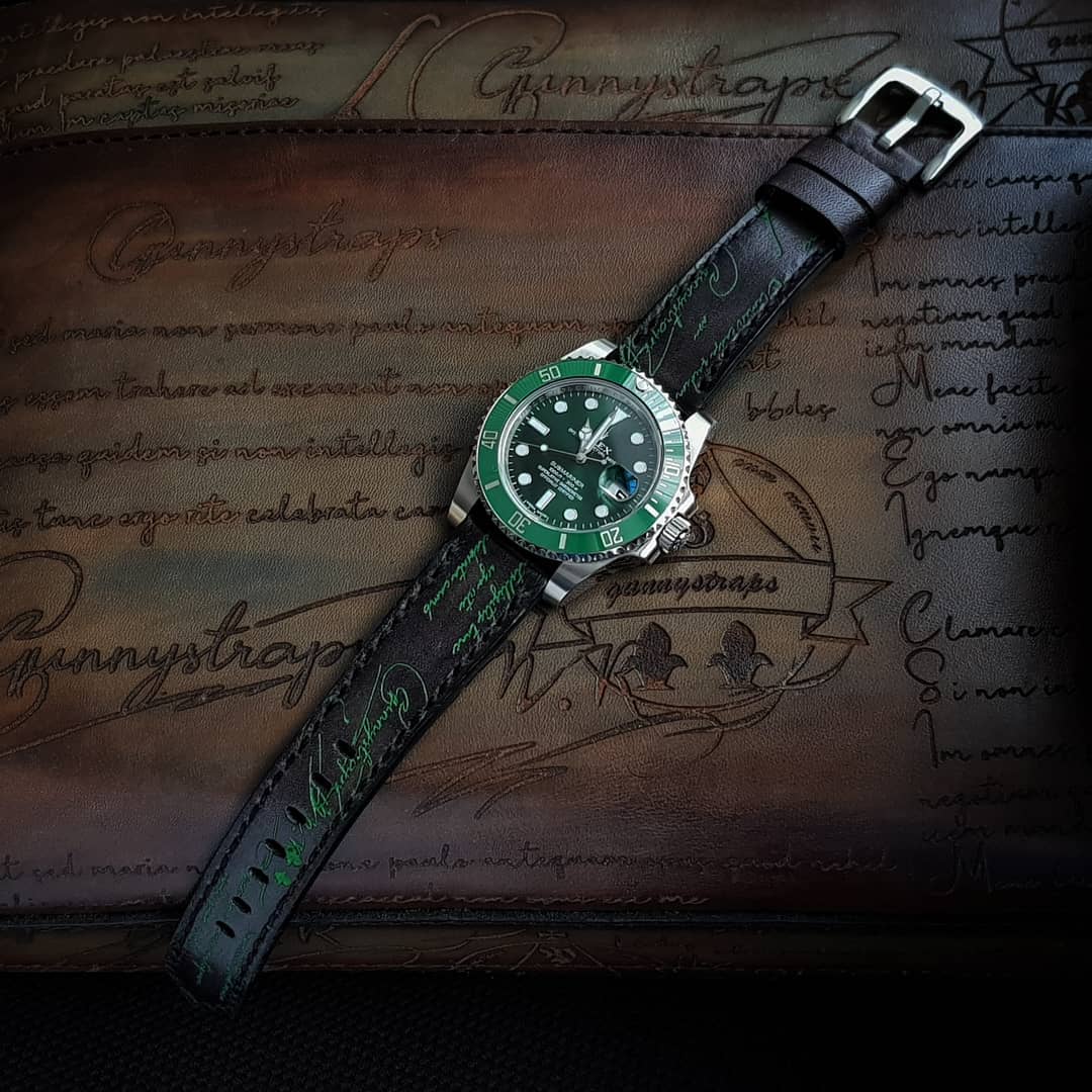 Rolex Straps - Black Patina with Green Scritto