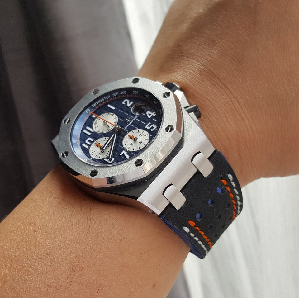 Audemars Piguet Straps - AP Racing Black-Blue with White-Orange Stitch