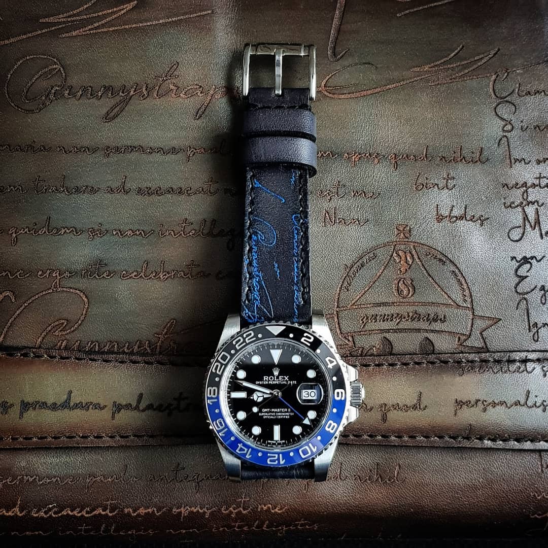 Rolex Straps - Black Patina with Blue Scritto