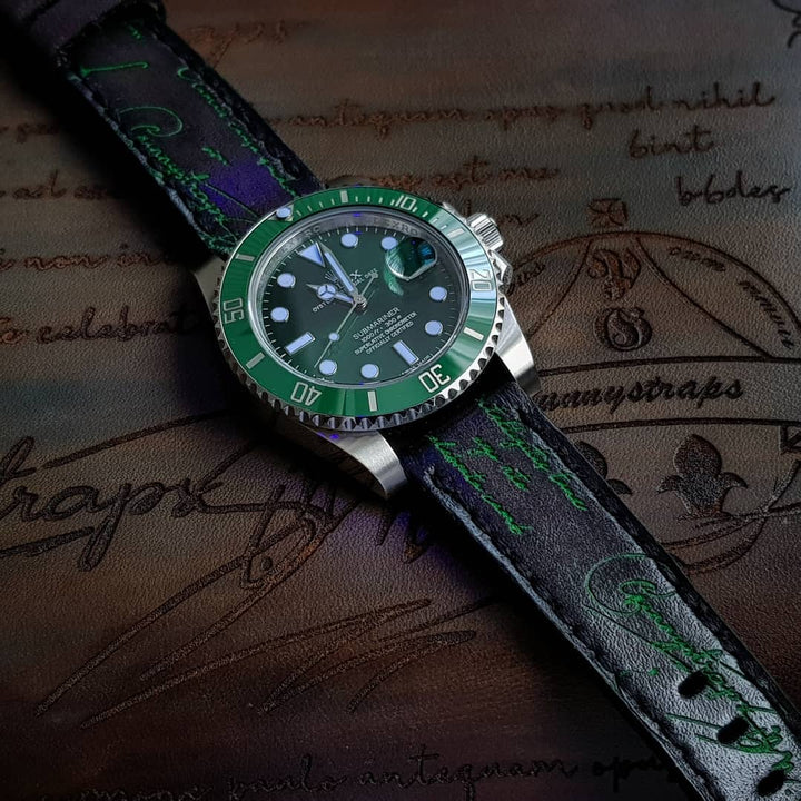 Rolex Straps - Black Patina with Green Scritto