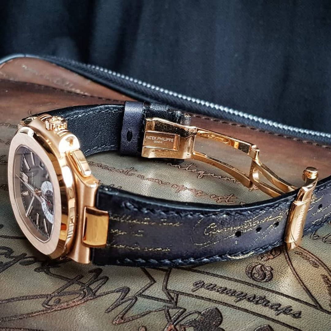 Patek Philippe Straps - Black Patina With Gold Scritto