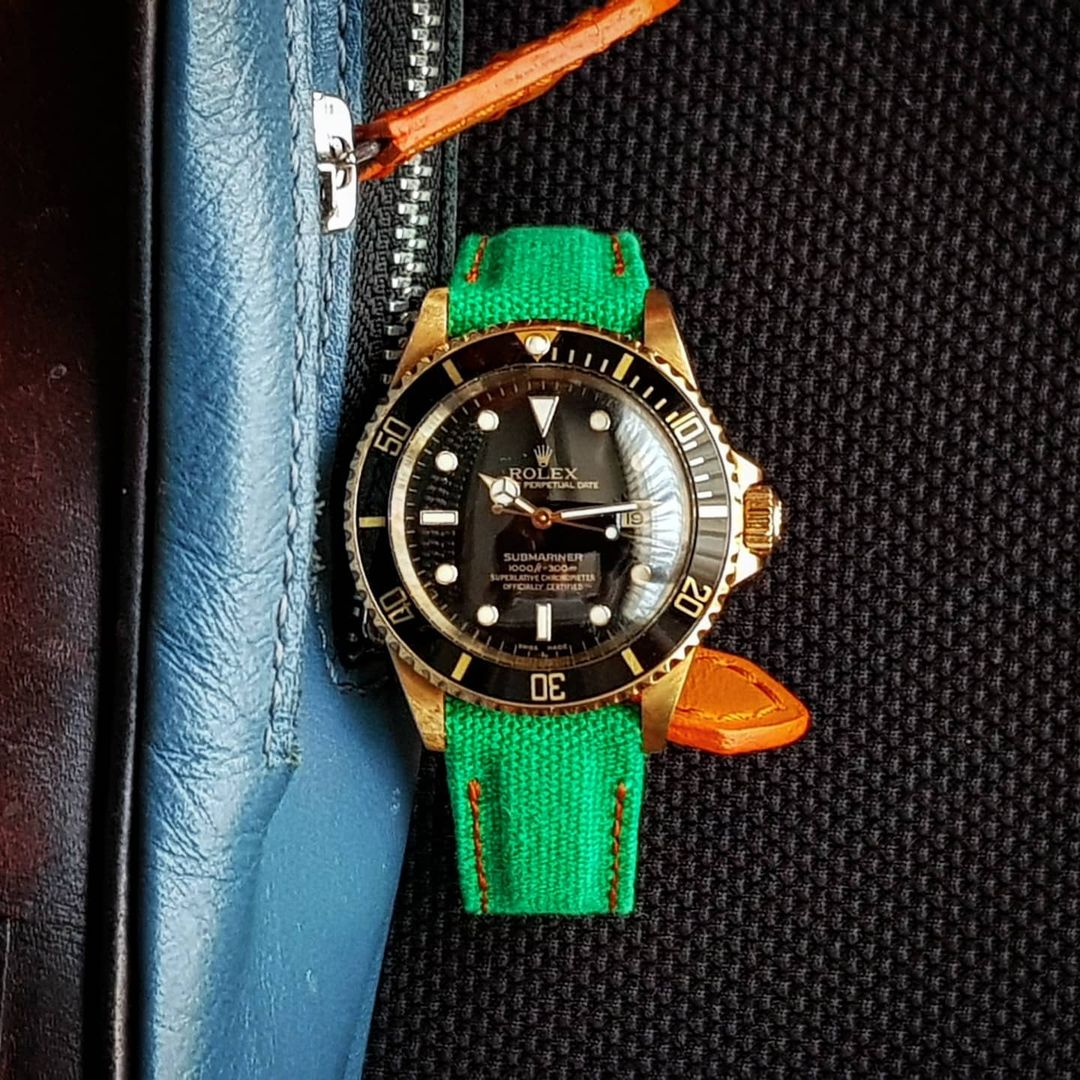 Rolex Straps - Green Canvas Velcro With Orange Stitch Extreme Padded Style