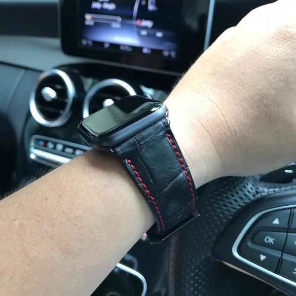 Apple Watch Straps - Croco Black Red Stitch