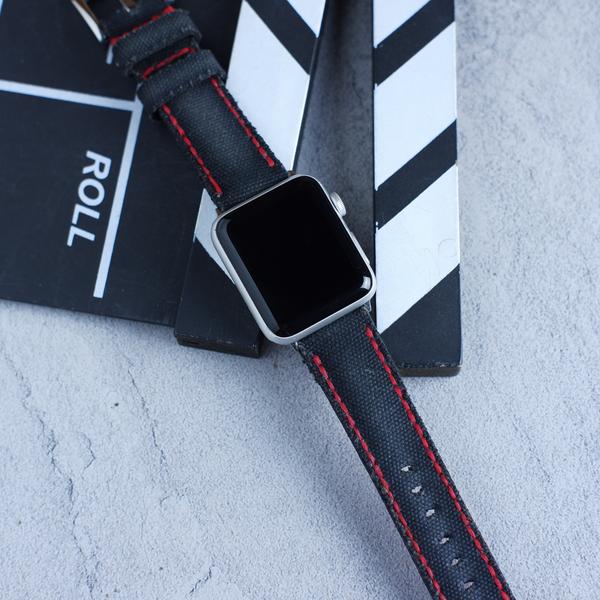 Apple Watch Straps - Canvas Noir Tapered & Padded with Red Stitch and Black