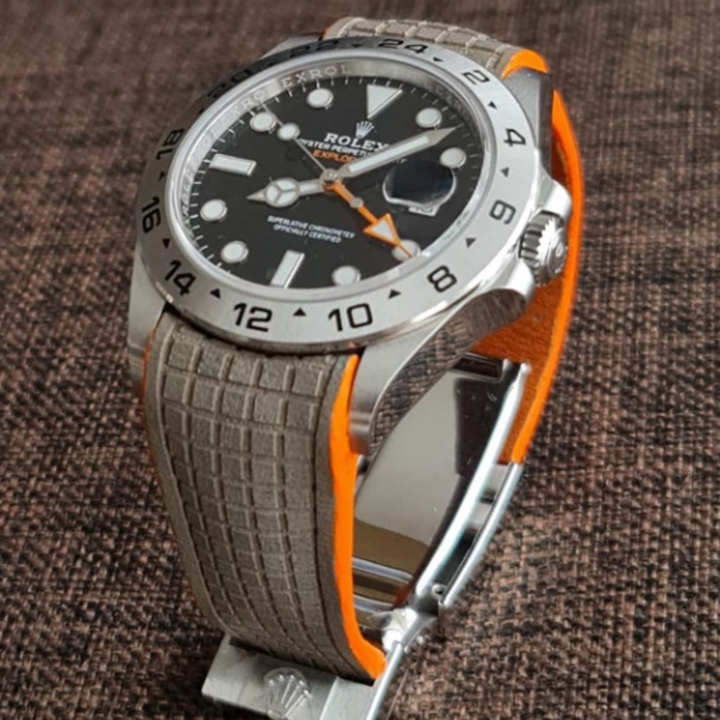 Rolex Straps -  Titanium Chessboard with Orange Edge Leather Strap For Rolex