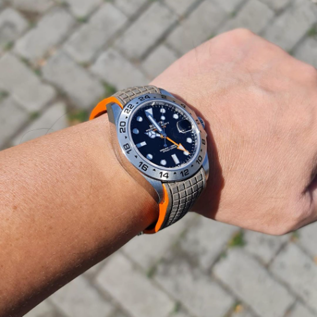 Rolex Straps -  Titanium Chessboard with Orange Edge Leather Strap For Rolex