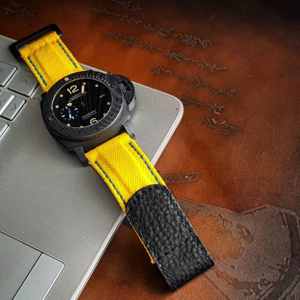 Panerai Submersible Straps - Yellow canvas velcro strap with Extreme Padded style